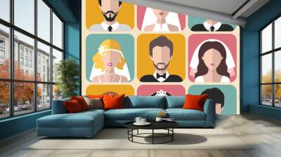 Vector set of the different brides and grooms app icons in trendy flat style. Wall mural