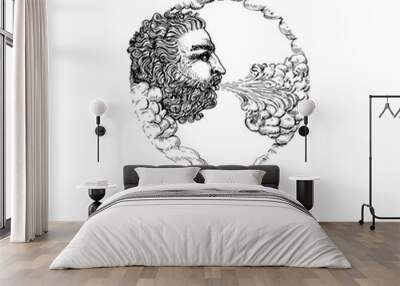 Zephyrus, west wind hand drawn in engraving style. Vector retro graphic illustration of mythological deity. Wall mural