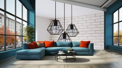 A modern loft chandelier made of black wire in a stylish white interior Wall mural