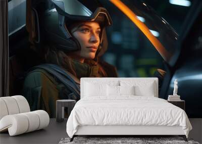 Astronaut woman in cockpit of spaceship. Future sci-fi, science fiction. AI generative Wall mural