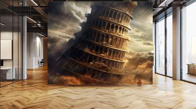 Giant old mystical tower, Babel tower in storm Wall mural