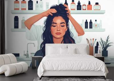 Young female hairdresser fixing hair of gorgeous woman. Wall mural