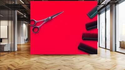 Professional hairdresser tools on colored background Wall mural