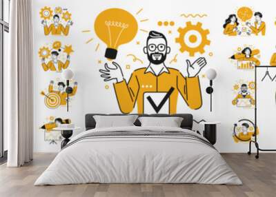 Mega set. Collection of different business concept scenes and situations. Human with icons and images. Taking part in business activities, digital marketing, business concept, workflow scenes. Wall mural