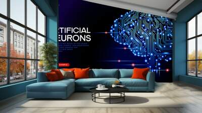 Neural network. Deep learning. Artificial intelligence concept. Robot face and building abstract background Wall mural