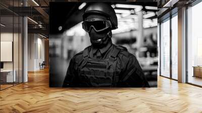 SWAT in black uniform, face mask and bulletproof vest. Tactical helmet vest goggles. Spec ops Riot police officer Defense and protection of law enforcement officers. black and white photo Wall mural