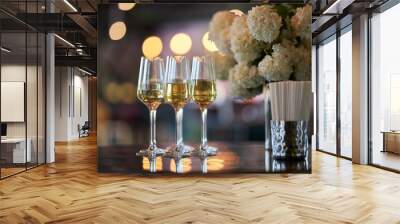 three glasses of champagne stand near a vase of flowers against a background of bokeh Wall mural