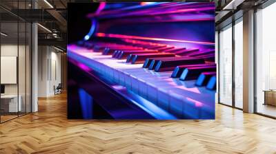 Electric piano keys in neon light. Wall mural