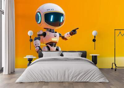 Adorable robot pointing at an object with a bright yellow background. Wall mural