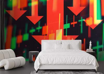 Decreasing red arrows showing the deterioration of the economy or the fall of stocks on the stock exchange.  Wall mural