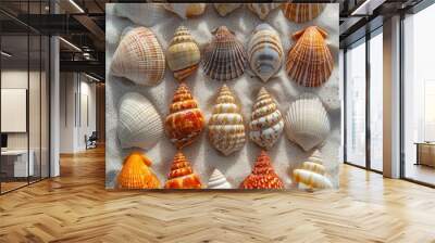 A carefully arranged collection of various shells on white sand, placed in a straight line on a sandy beach Wall mural