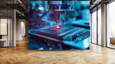 A close-up image of a laser etching process on a microchip circuit board, highlighting the precision and intricacy of modern electronics manufacturing. Wall mural