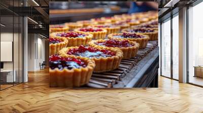 A closeup of freshly baked tarts filled with vibrant red jam, showcasing a busy kitchen filled with sweet treats. Wall mural