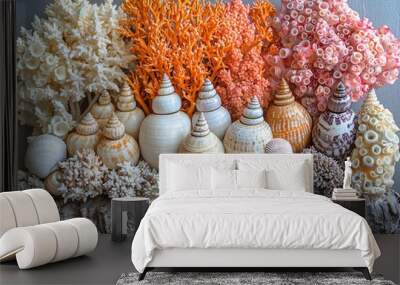 A combination of various shells and corals artistically arranged on a wooden base Wall mural