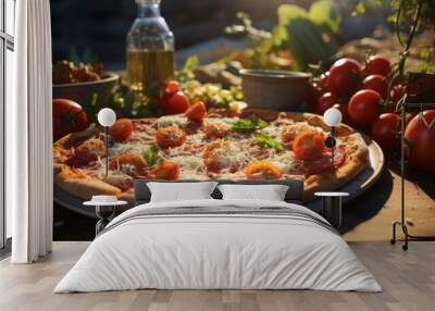 A delicious and tasty Italian pizza with tomatoes and mozzarella on a beautifully served table Wall mural