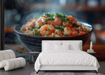 A delicious dish of shrimp and rice on a wooden table Wall mural