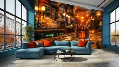 A glass of beer on the background of a bar. Yellow liquid with bubbles and foam in a glass. Wall mural