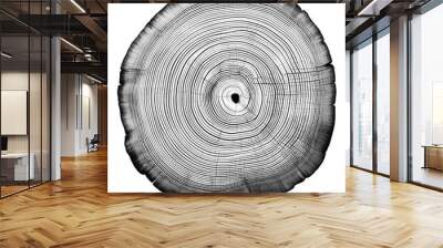 A graphic print of uneven black tree rings, wavy space between some rings isolated on white background. Wood rings Wall mural