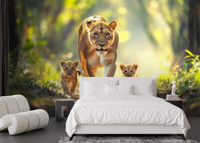 A group of lion (baby lion) and lioness (female lion) kittens are moving along the road. This is a good illustration of soft light showing wild life and natural habitats. Wall mural