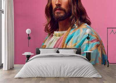 A man who looks like Jesus on a pink background. Modern interpretation of the Christian religion. Faith in God Wall mural