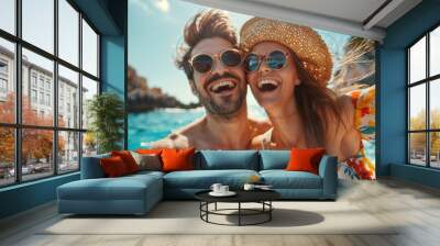 A smiling  of a man and a woman with the sea in the background. The pleasure of relaxation and romantic vacation. Wall mural