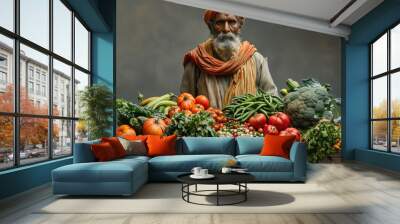 A vendor in traditional attire showcases a vibrant array of fresh vegetables at a bustling market in the early morning light Wall mural