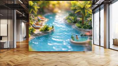 A vibrant miniature tropical resort poolside scene with palm trees, a flowing river, and lounge chairs under a warm sun. Wall mural