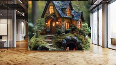 A whimsical miniature fairy tale house nestled in a lush forest, surrounded by enchanting details and soft lighting. Wall mural