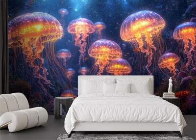 A wondrous underwater garden with giant, bioluminescent jellyfish floating among colorful coral reefs Wall mural