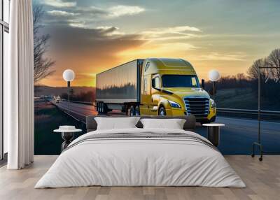 A yellow semi-truck driving on a highway during sunset. Ideal for logistics and transportation themes.  Wall mural