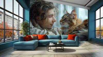 A young person enjoys a quiet moment with a fluffy cat while relaxing at home on a soft afternoon Wall mural