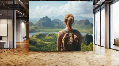 A young woman stands with her back and admires the view of the lake and mountains. A traveler traveling on vacation in the most beautiful place in the world. Summer vacation Wall mural