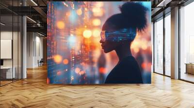 An African American woman in digital glasses immersed in data analysis with a futuristic style and bright lights in the background, symbolizing high technology and virtual reality Wall mural