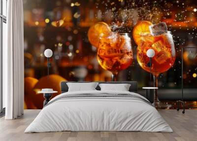 Aperol Spritz cocktail with splash on bar background. Glass of alcoholic drink Wall mural