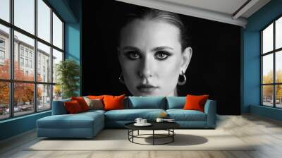 Black and white portrait of a beautiful young woman. Wall mural