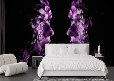 Double exposure of young woman and flowers - she looks at her reflection in mystical mirror. Wall mural