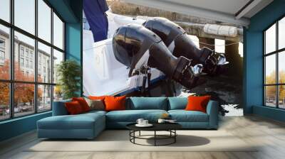 Two outboard boat motor. Selective focus. Wall mural