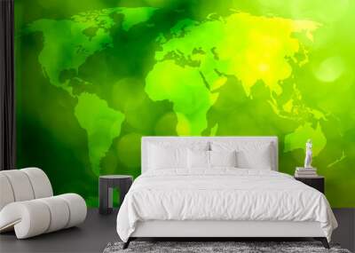 world map, continents in green bokeh background. Wall mural