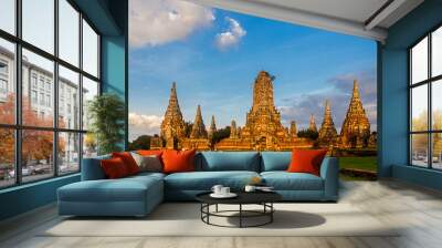 Ayutthaya temple during the sunset, empty with no people around and with blue sky Wall mural