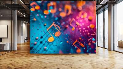 Background with musical notes flying in the air in neon colors Wall mural