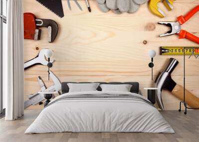 Set of plumbing and tools on the wooden table Wall mural