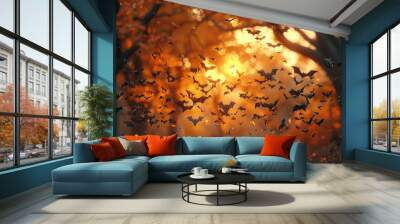 Bats soaring through a vibrant autumn forest at sunset, creating a stunning display of nature's beauty and wildlife movement Wall mural