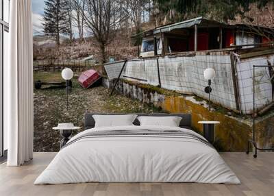 Beautiful camping with caravans on the shore of a mountain lake in German Harz Wall mural