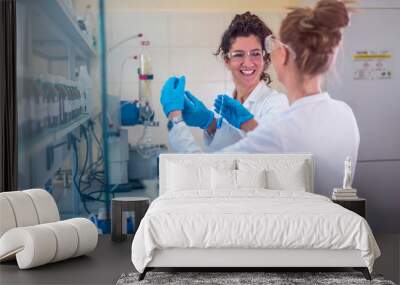 Two beautiful young female scientists working in laboratory with test tubes and doing some research   Wall mural