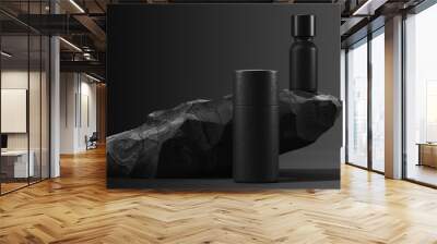 bottle of essential massage oil on stone - beauty treatment. Minimal Black design packaging mock up. 3d illustration. Wall mural