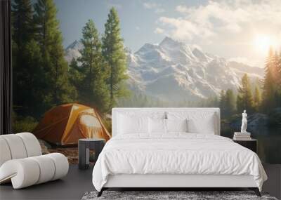 camping tent, tourist camp in the mountains. outdoor adventure and summer concept, nature landscape Wall mural