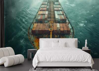 Cargo ship navigating through foggy waters with containers stacked on deck in the morning Wall mural