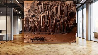 Chocolate city with skyscrapers. Town made of chocolate. Sweet urbanism Wall mural