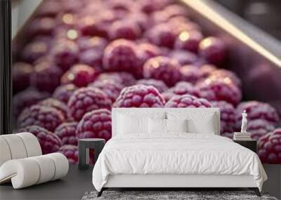 Closeup of ripe boysenberries on a conveyor belt in a processing facility, showcasing the vibrant color and freshness. Wall mural