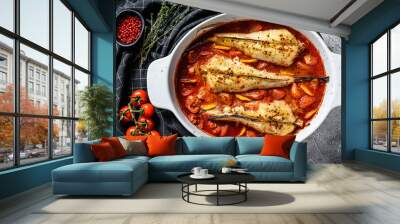 Cooking in tomatoes monkfish fish in a baking dish. Fresh seafood. Gray background. Top view Wall mural